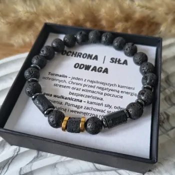 BRANSOLETKA MĘSKA LAWA WULKANICZNA TURMALIN HEMATYT OCHRONA SIŁA ODWAGA